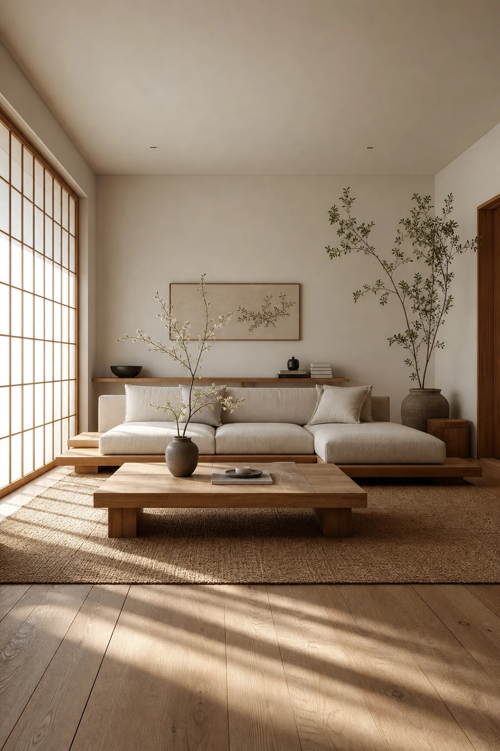 Zen living room in Japanese coastal style with low platform sofa, shoji screen, woven rattan, and Farrow and Ball Cornforth White walls in soft afternoon light