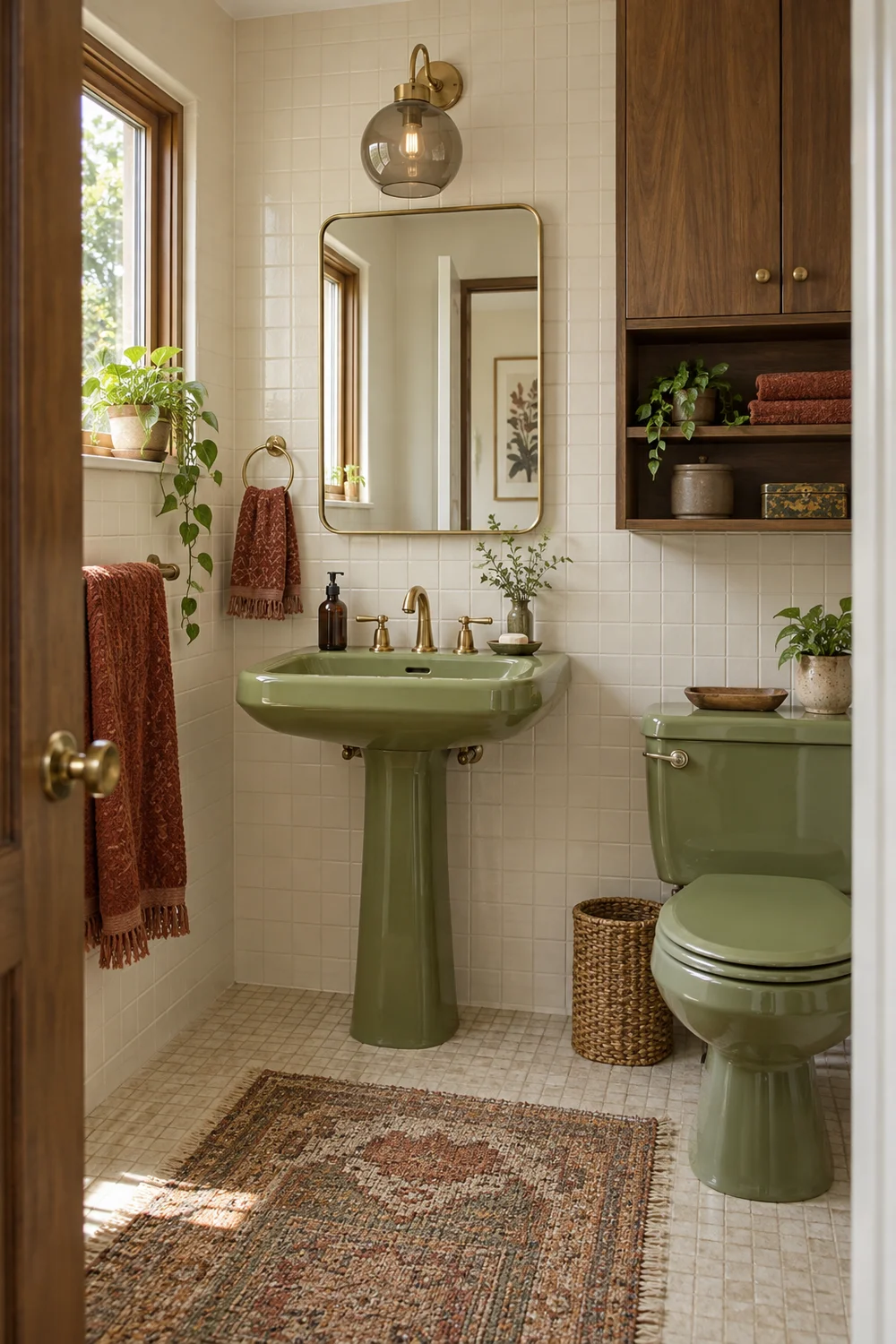 Clear doorway view into a calm olive and walnut bathroom