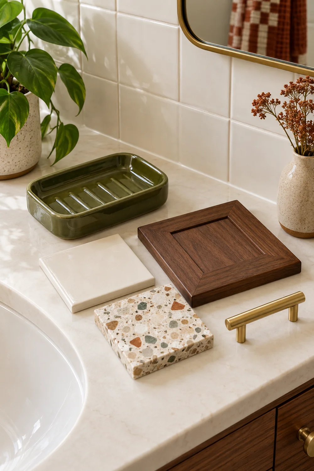 Olive ceramic, warm white tile and walnut bathroom material samples