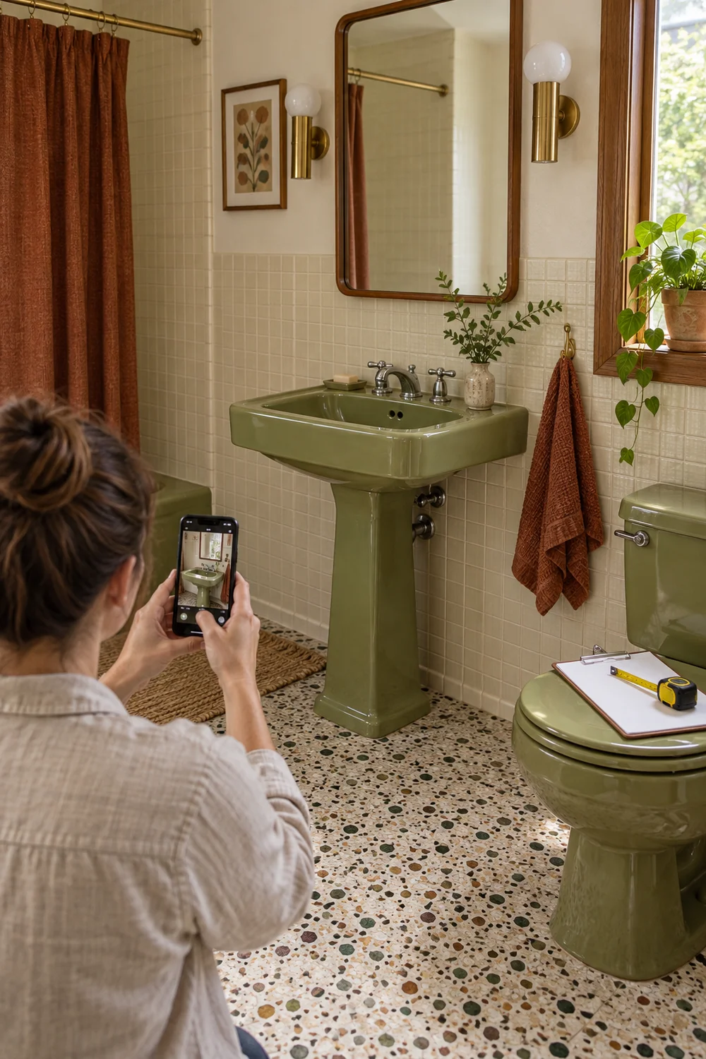 Homeowner photographing original olive green bathroom fittings