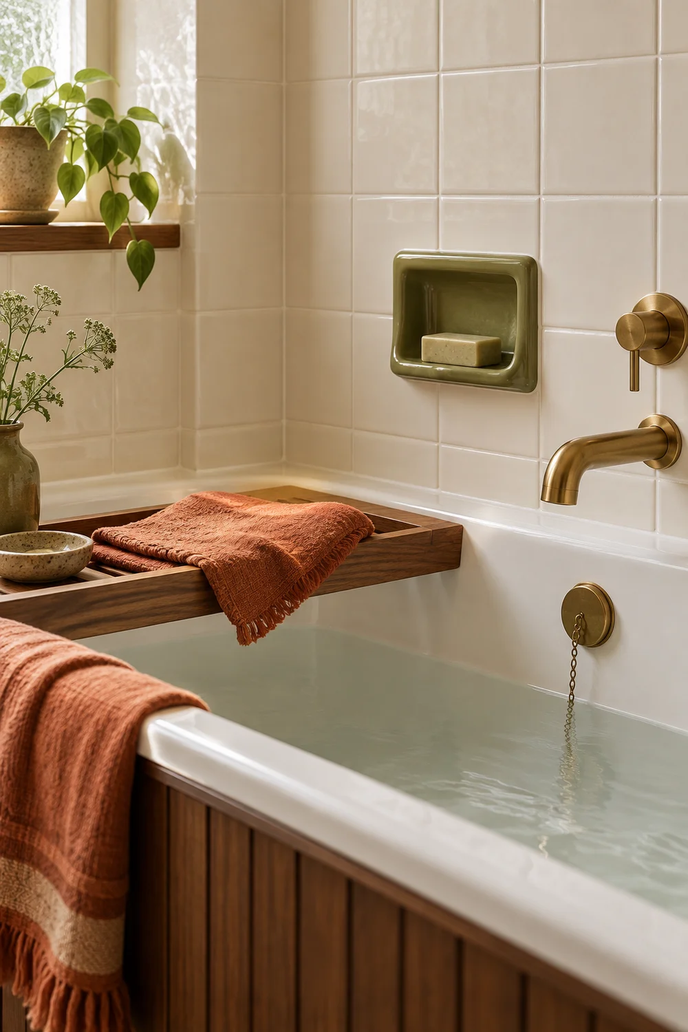 Warm white bath with olive soap dish, walnut tray and brass tap