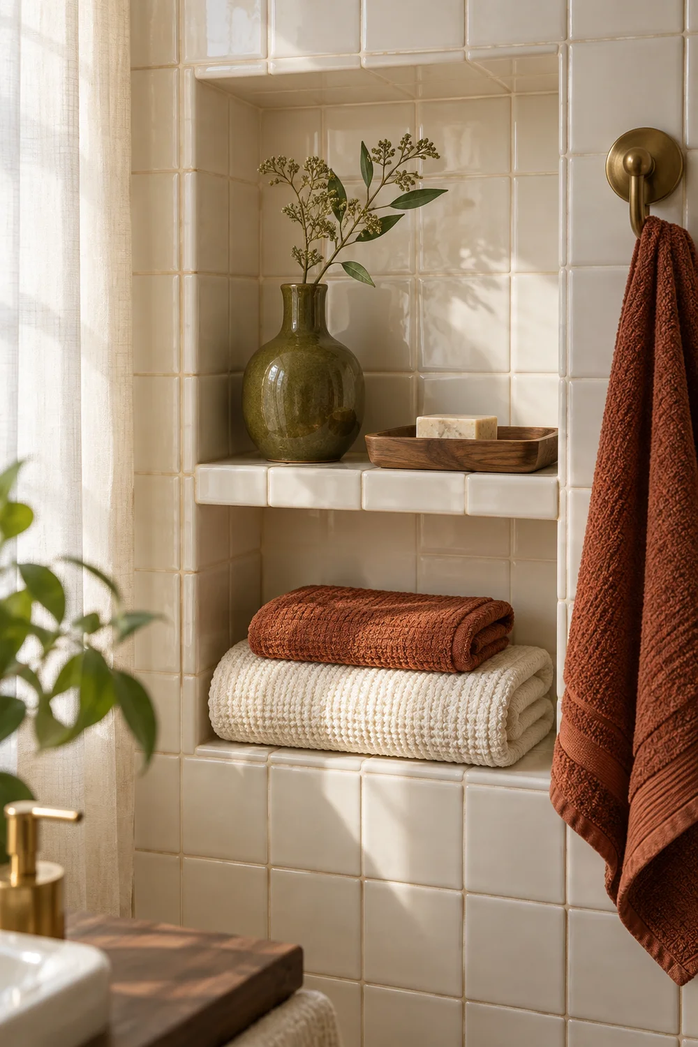 Olive green tiled niche with warm white wall tiles