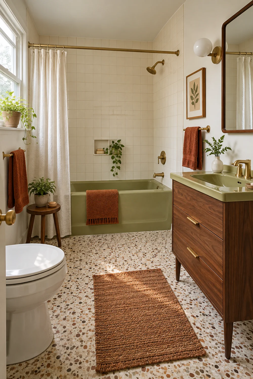 Finished bathroom with olive fittings, walnut furniture and soft daylight