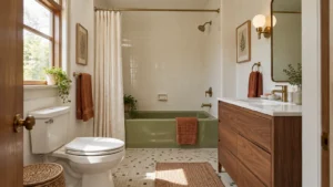 Olive green bath and walnut vanity in a warm 1970s inspired bathroom