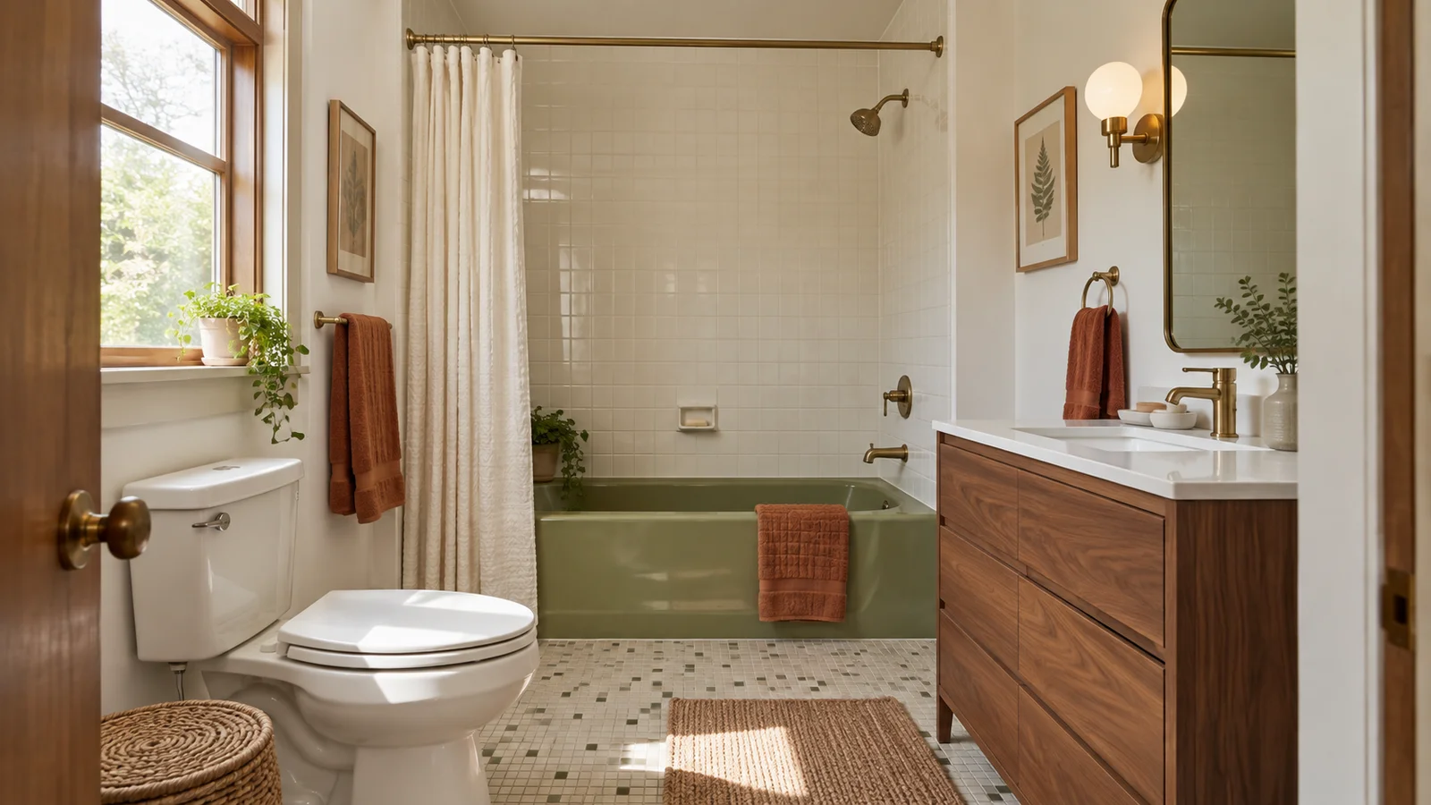 Olive green bath and walnut vanity in a warm 1970s inspired bathroom