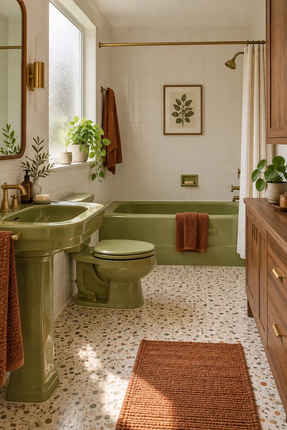 Finished olive, warm white and walnut 1970s bathroom