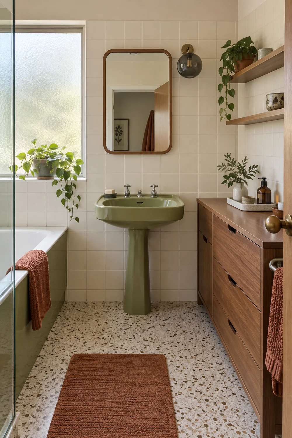 Olive green basin with a walnut vanity in a light filled bathroom