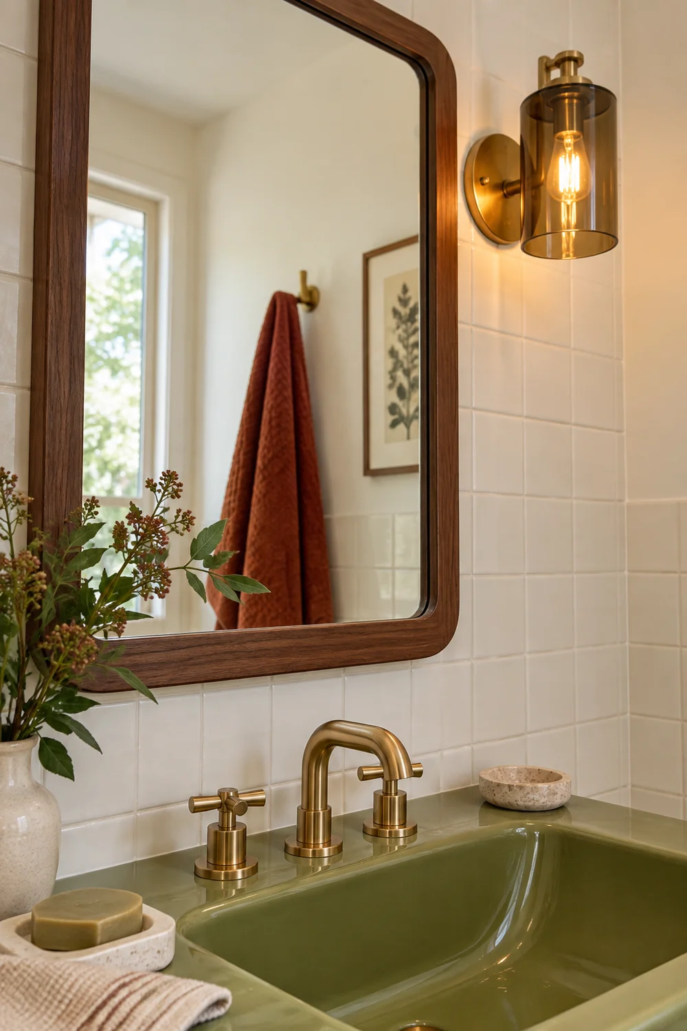 Brass mirror light and olive green bathroom wall detail