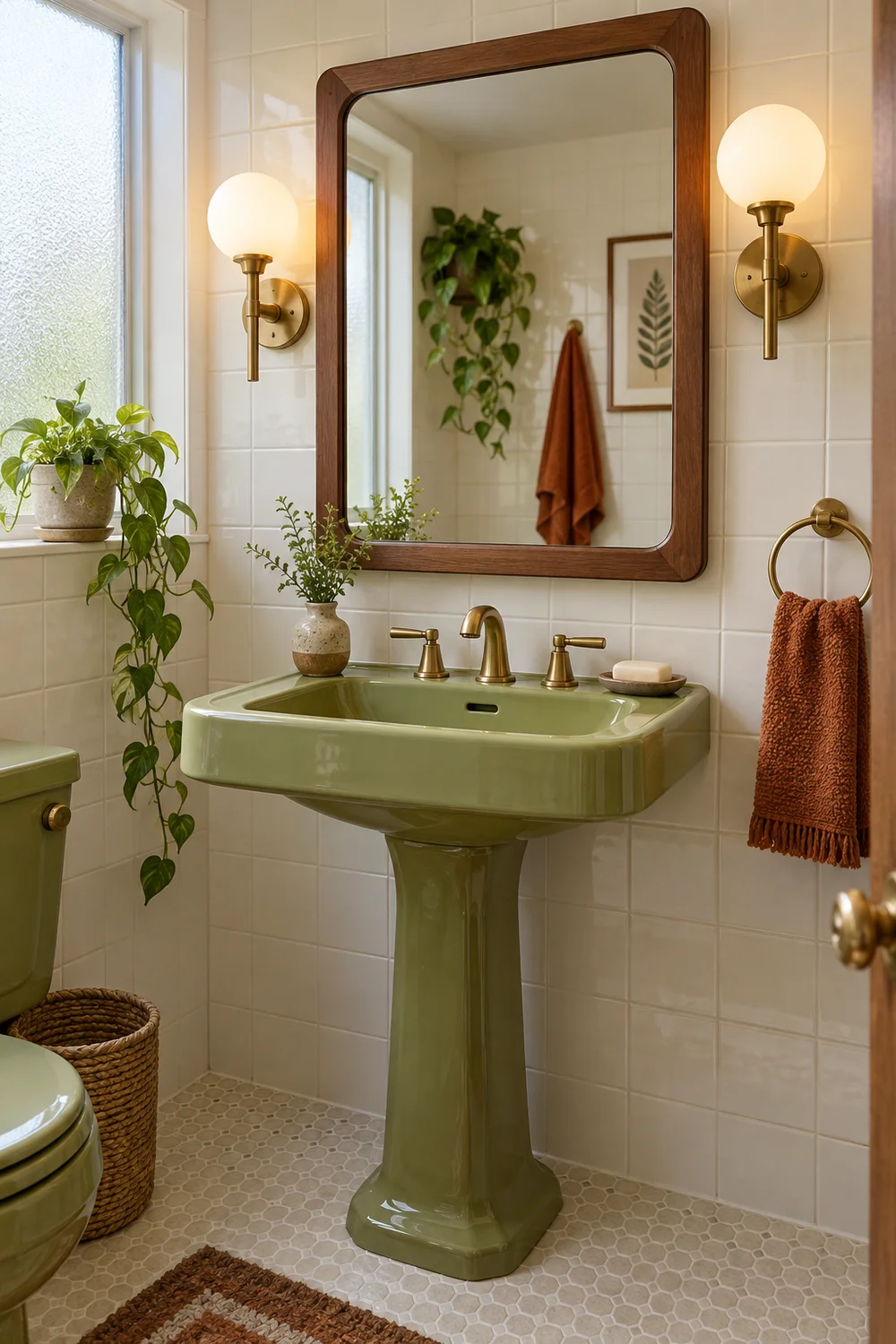 Mirror with soft globe lights over a walnut bathroom vanity