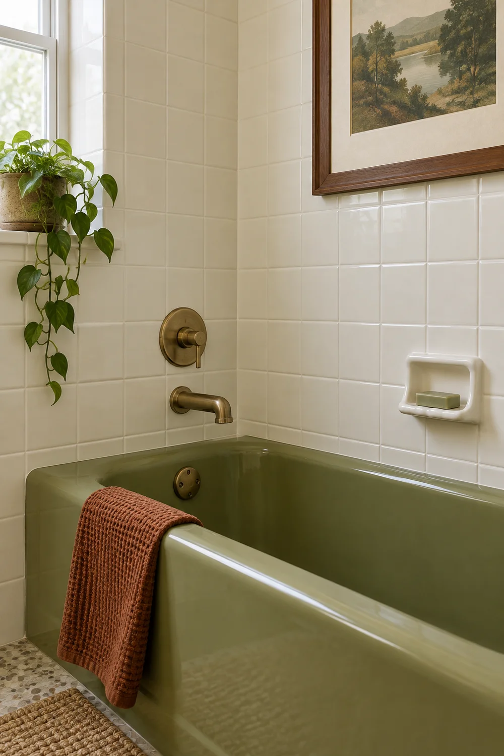 Original style warm white bathroom tile beside olive green fittings