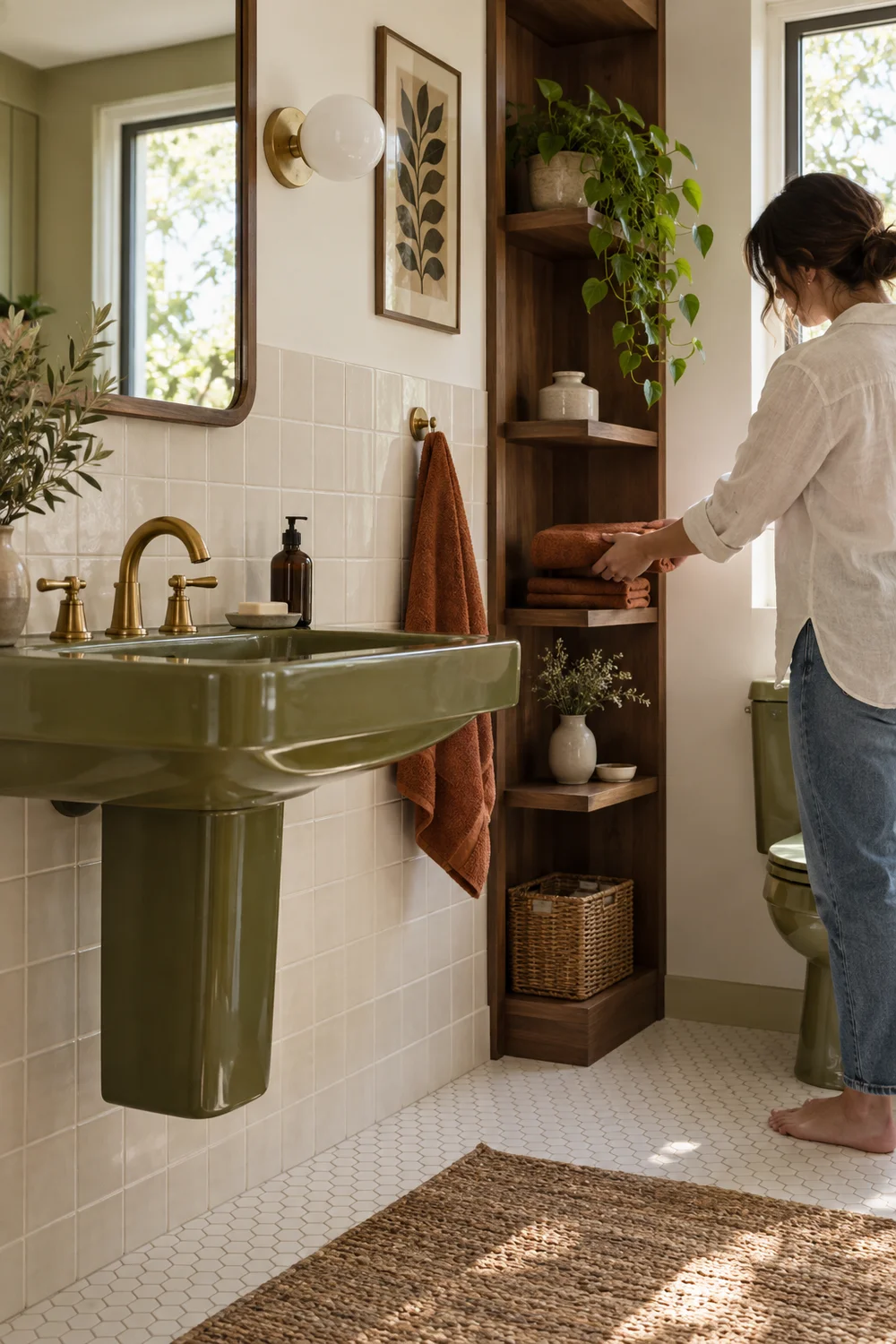 Homeowner arranging a walnut shelf in a renovated bathroom