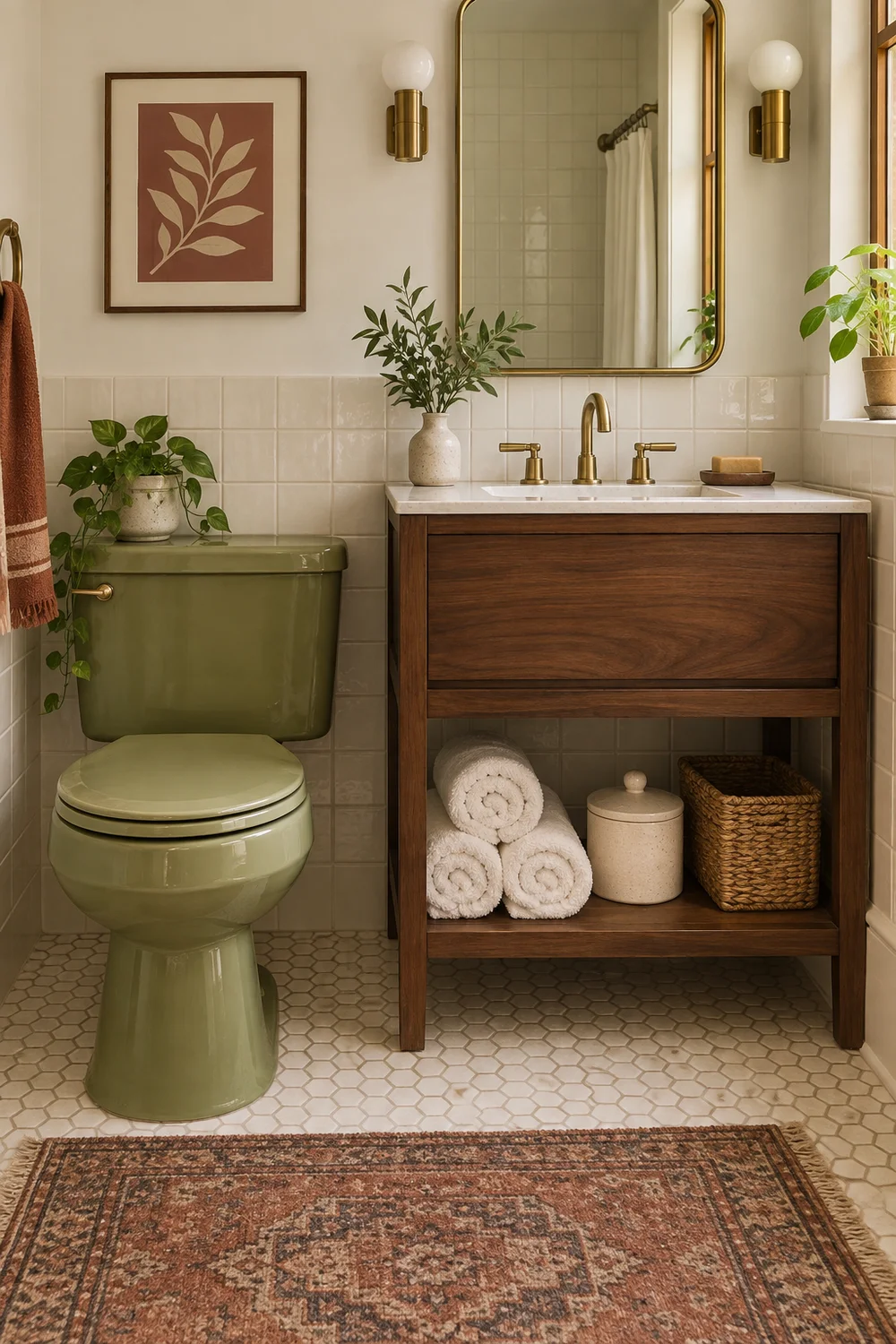 Walnut bathroom storage with simple olive and terracotta details