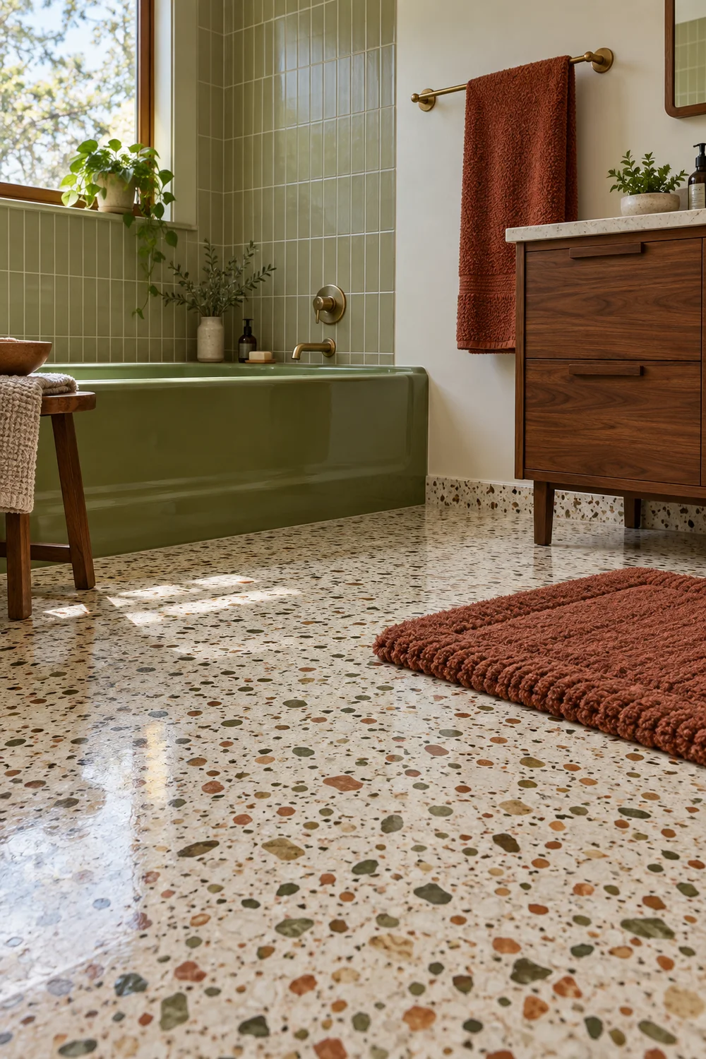 Warm terrazzo floor in a renovated 1970s bathroom