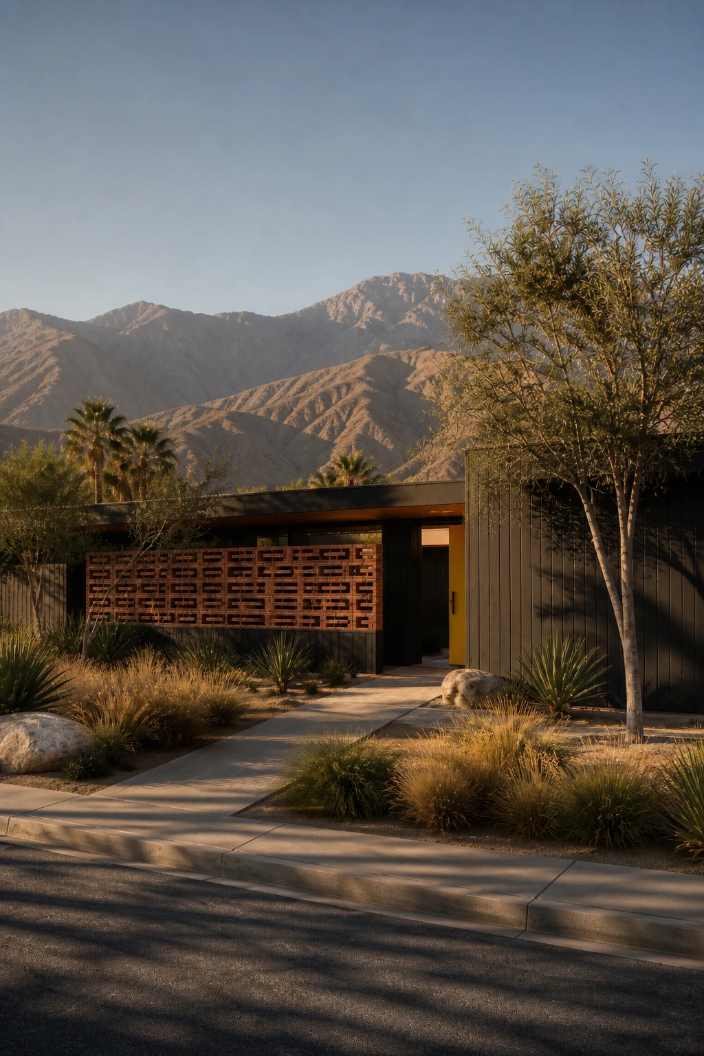 An oblique street view of the same black timber Palm Springs house, brick screen, yellow front door and desert planting.