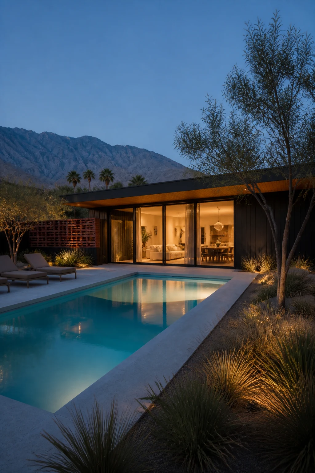 The garden side of the same black timber Palm Springs house, seen beyond its blue pool at dusk.
