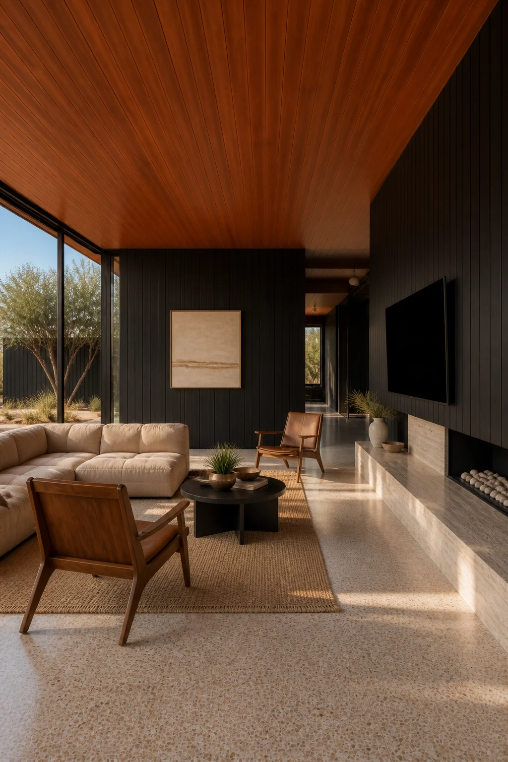 A reverse view across the same Palm Springs living room, with camel sofa, travertine hearth, black timber and timber ceiling.