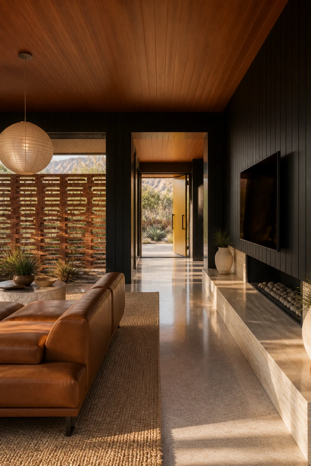 The same living room looking toward the yellow entry door through its brick screen and black timber wall.