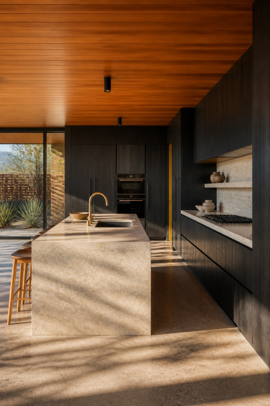 A reverse kitchen view with the same pale island, brass tap, dark timber cabinetry and garden glazing.