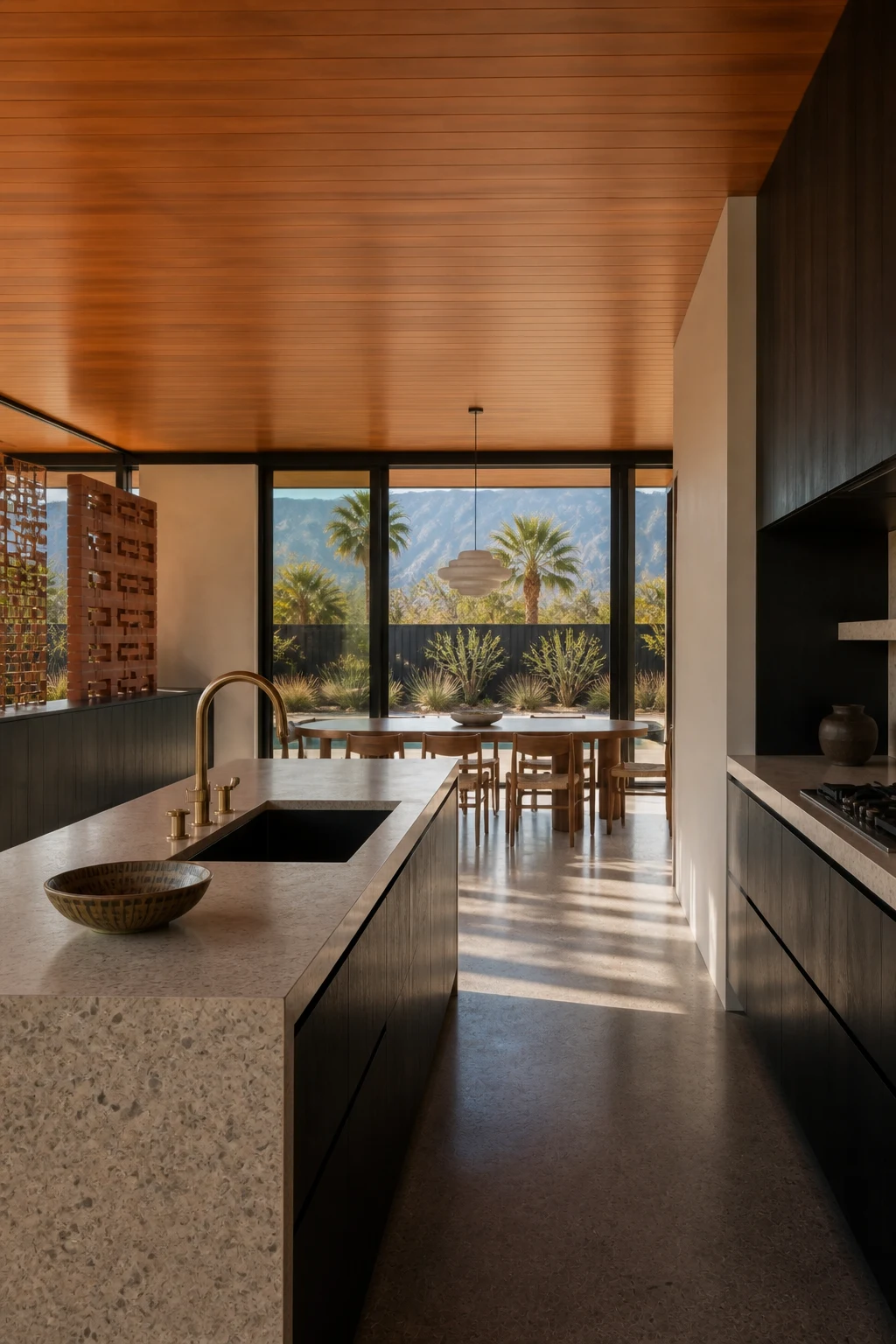 The kitchen island looking into the same dining room, with dark joinery, pale stone and desert mountains beyond.