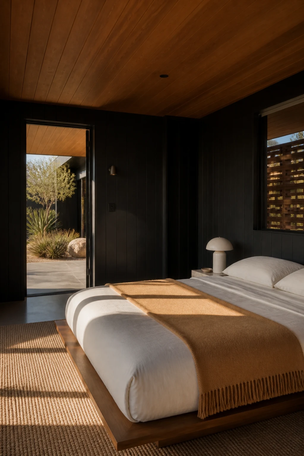 A reverse bedroom view showing the same low bed, black timber walls, linen and camel throw.