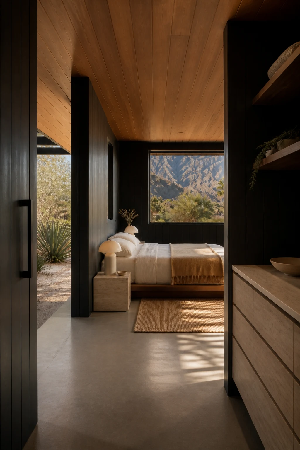 A bedroom circulation view through black timber joinery toward the same low bed and mountain garden.