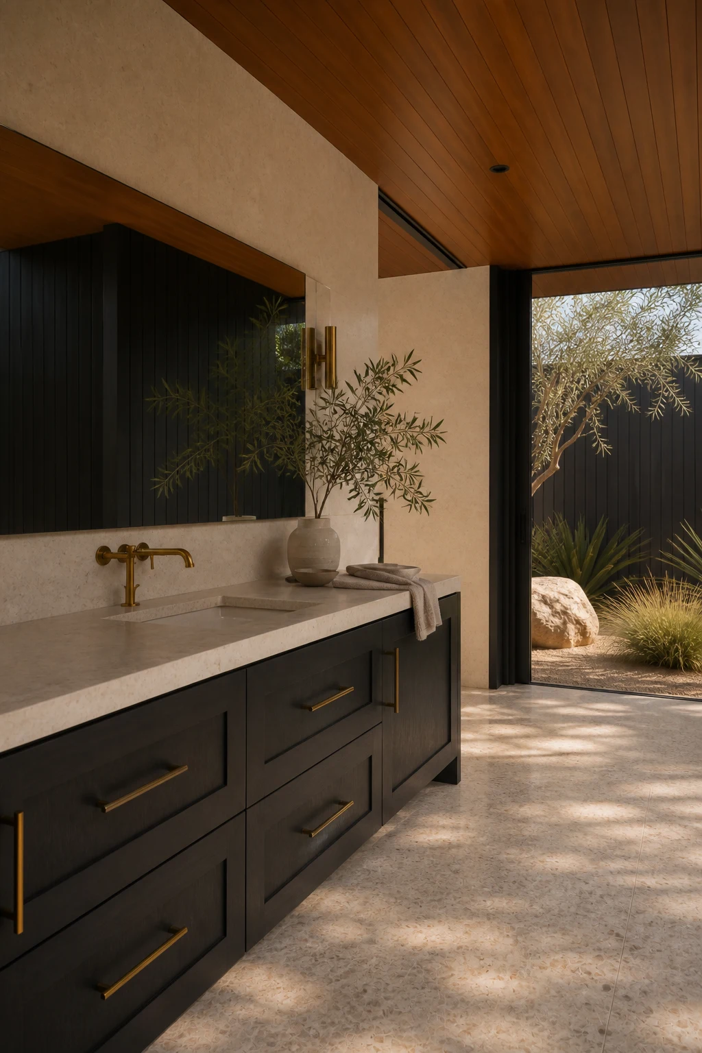 A long bathroom vanity of pale stone, black timber cabinetry, brass fittings and the same desert garden.