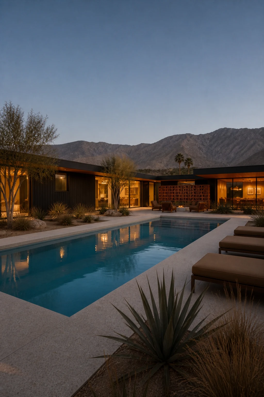 A dusk pool view back to the same black timber house, brick screen, warm interiors and desert mountains.
