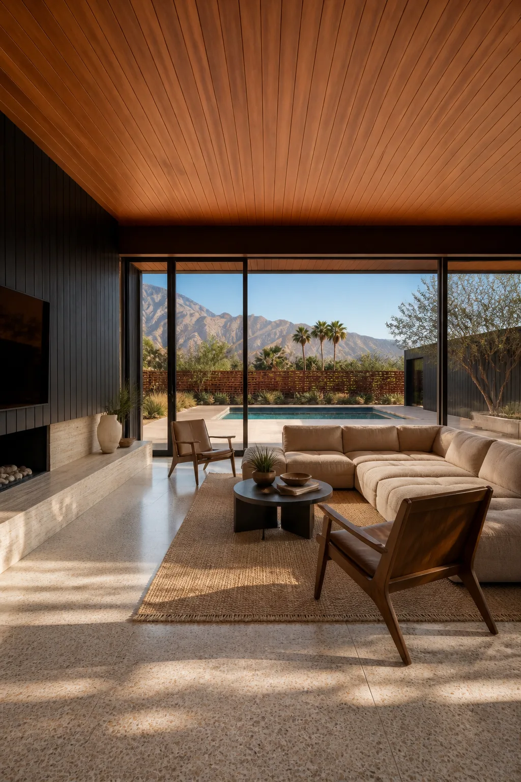 A Palm Springs living room with camel seating, walnut chairs, travertine hearth, timber ceiling and pool view.