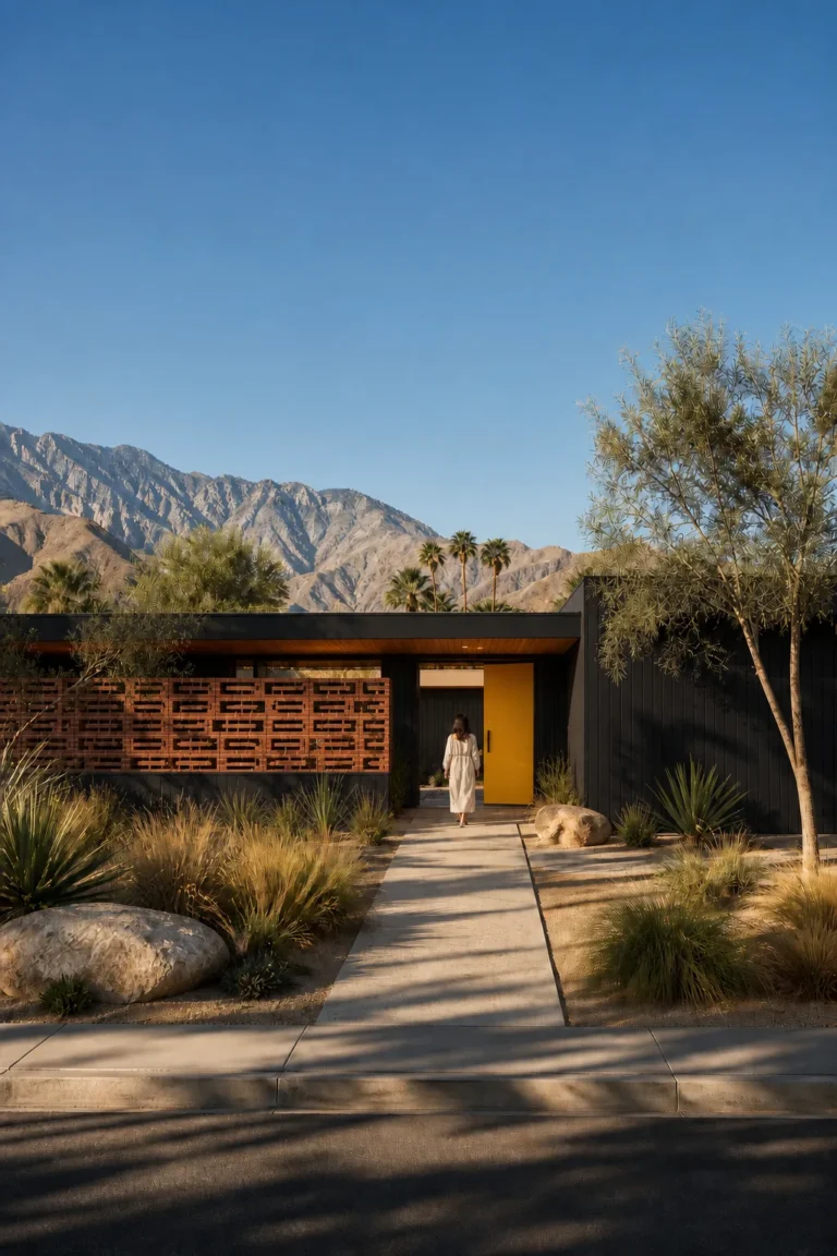 A black timber Palm Springs house with a dark red brick screen, a yellow front door and mountains beyond.
