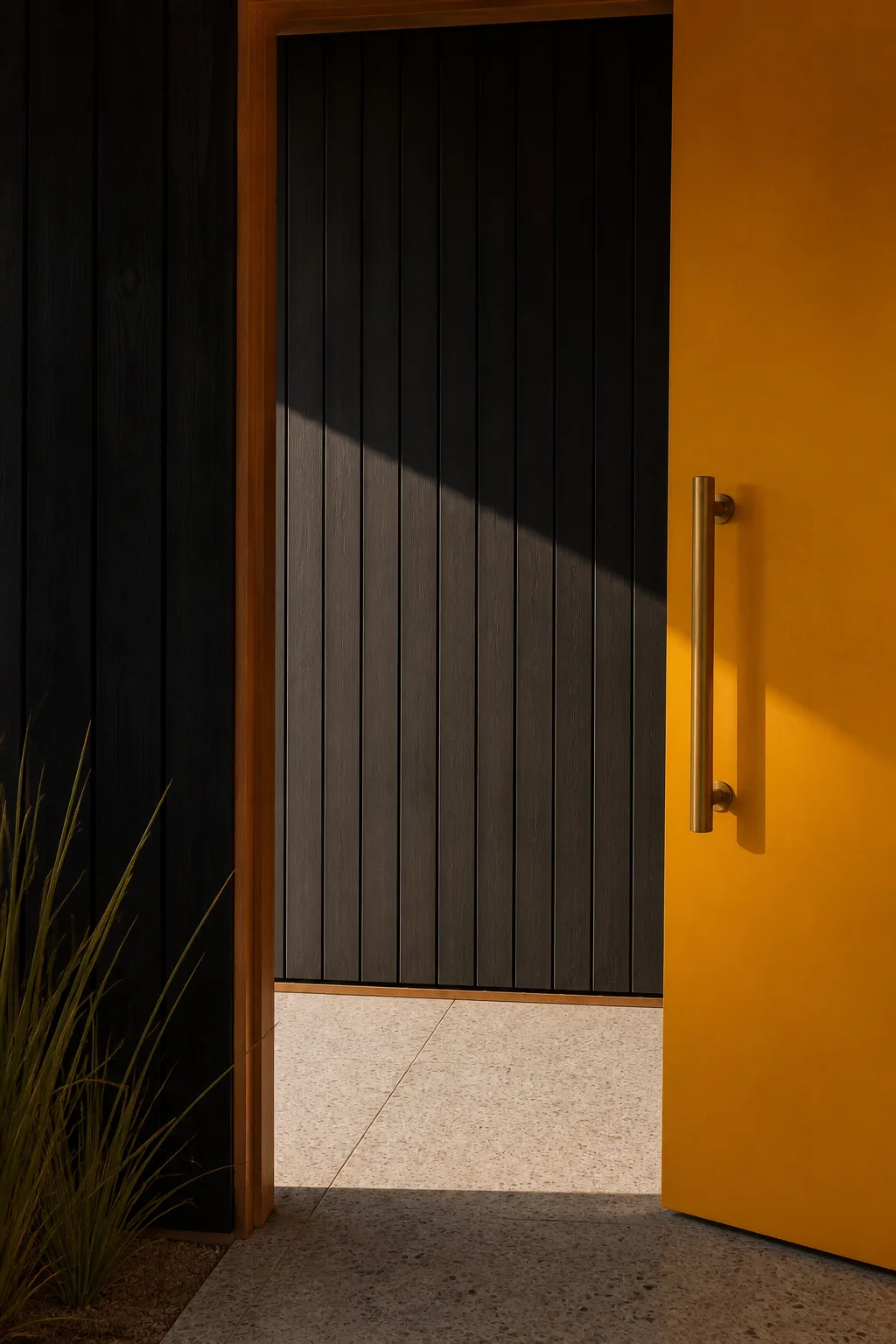 A black timber doorway, yellow door, brass pull and terrazzo floor in the Palm Springs hallway.