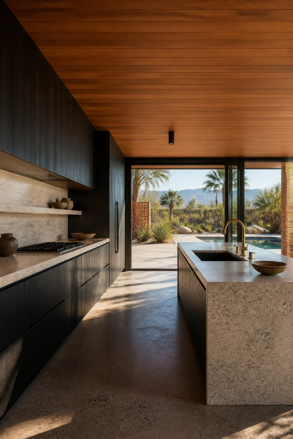 A black timber kitchen with a terrazzo island, brass tap, timber ceiling and view to the pool.