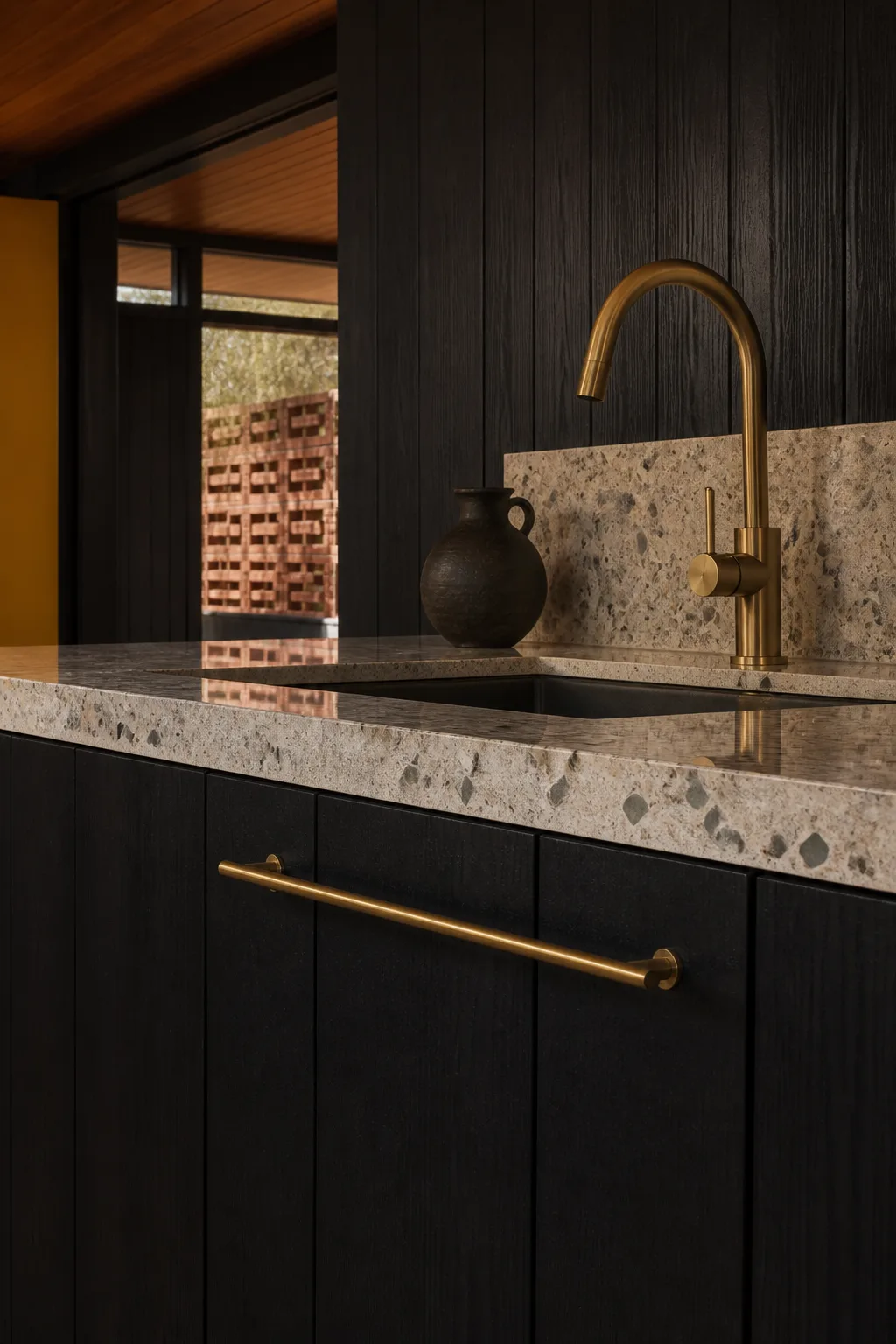 A brass kitchen tap, black timber cabinetry, terrazzo worktop and dark ceramic vessel.