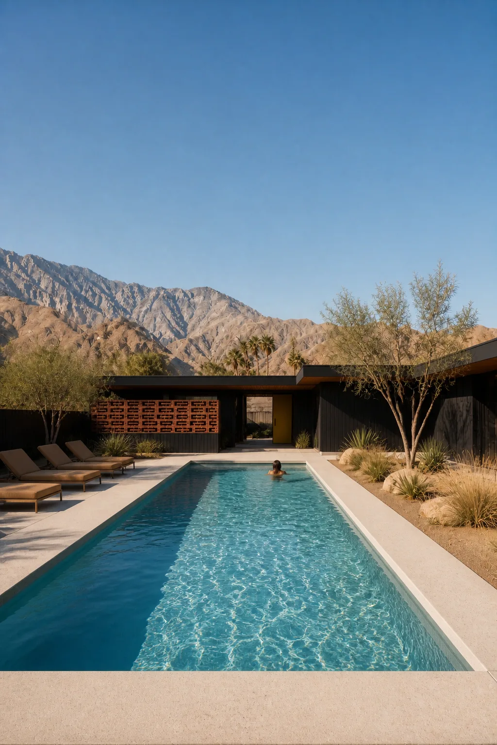 A clear blue pool, black timber Palm Springs house, red brick screen and desert mountains.