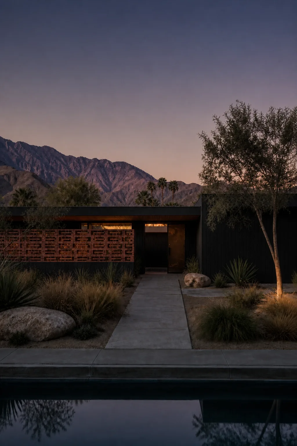 A dark pool, black timber house, red brick screen, olive tree and violet mountains at dusk.