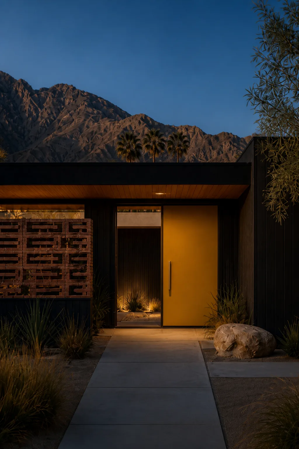 A dusk entry with yellow door, black timber, brick screen and warm interior light.