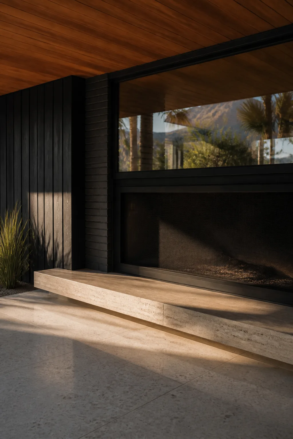 A low black firebox, travertine hearth, black timber and warm ceiling in the Palm Springs living room.
