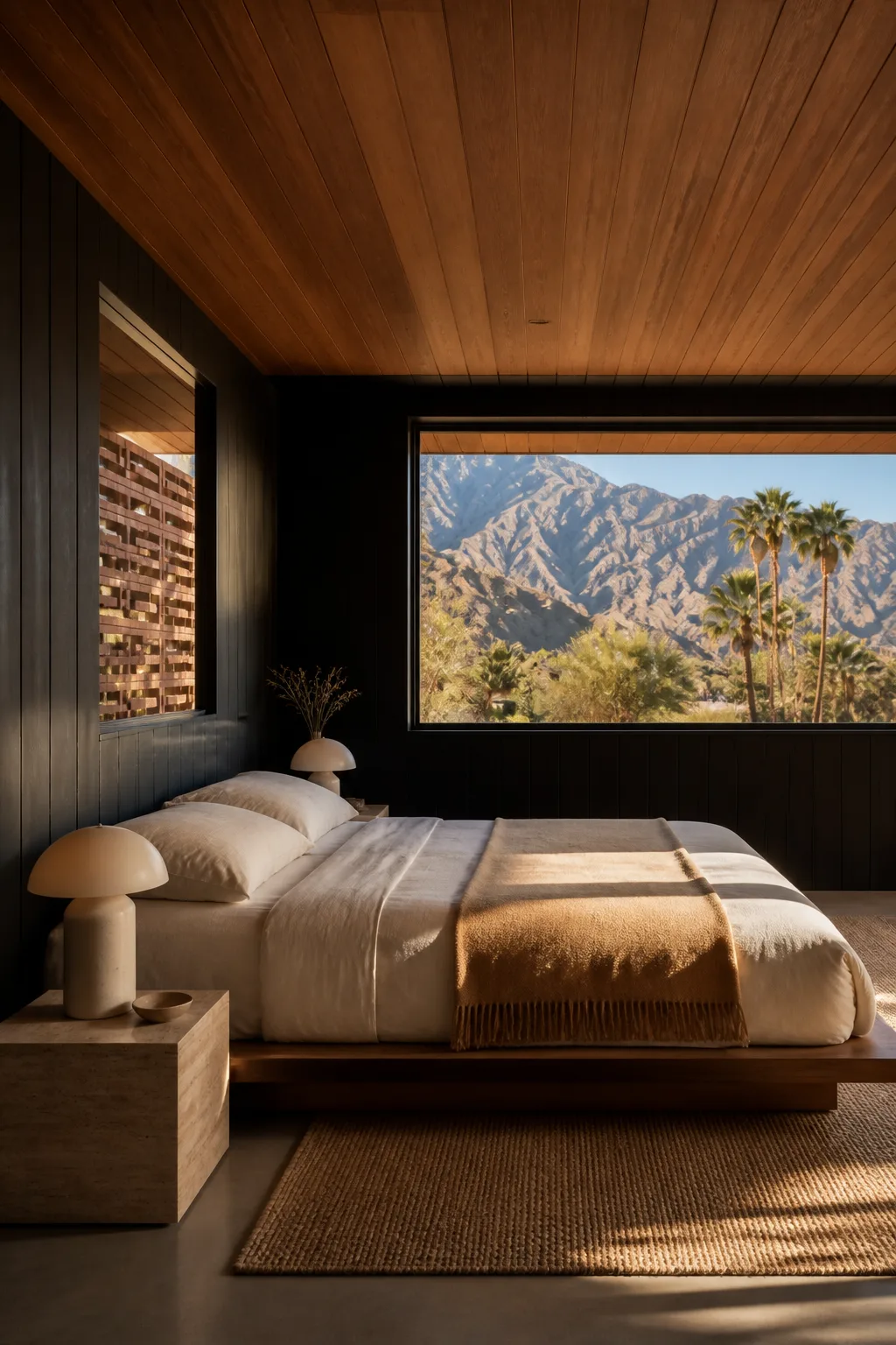 A low walnut platform bed with cream linen, camel throw, black timber and mountain view.