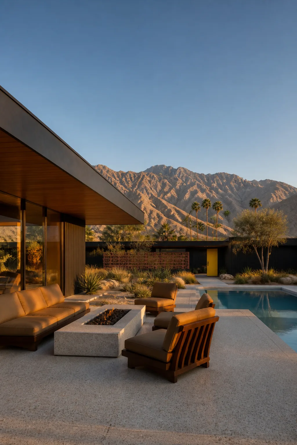 A poolside terrace with walnut framed seating, camel cushions, black fascia and mountains at golden hour.