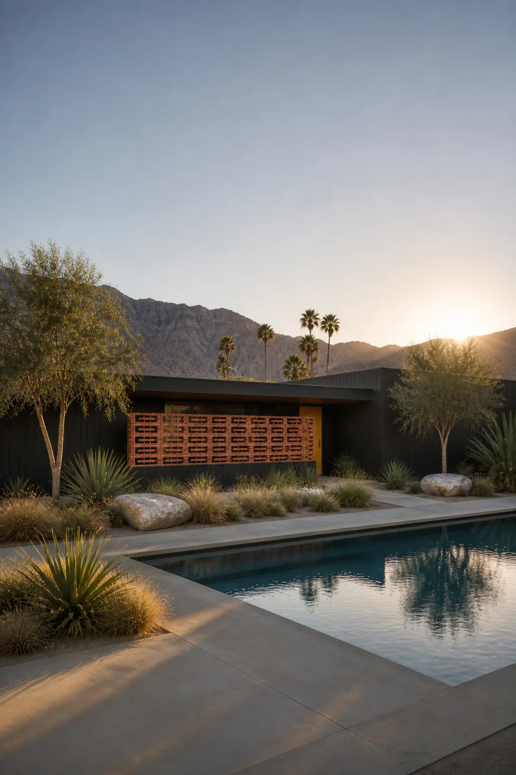 A reverse pool view of the black timber house, red brick screen, desert planting and mountains.