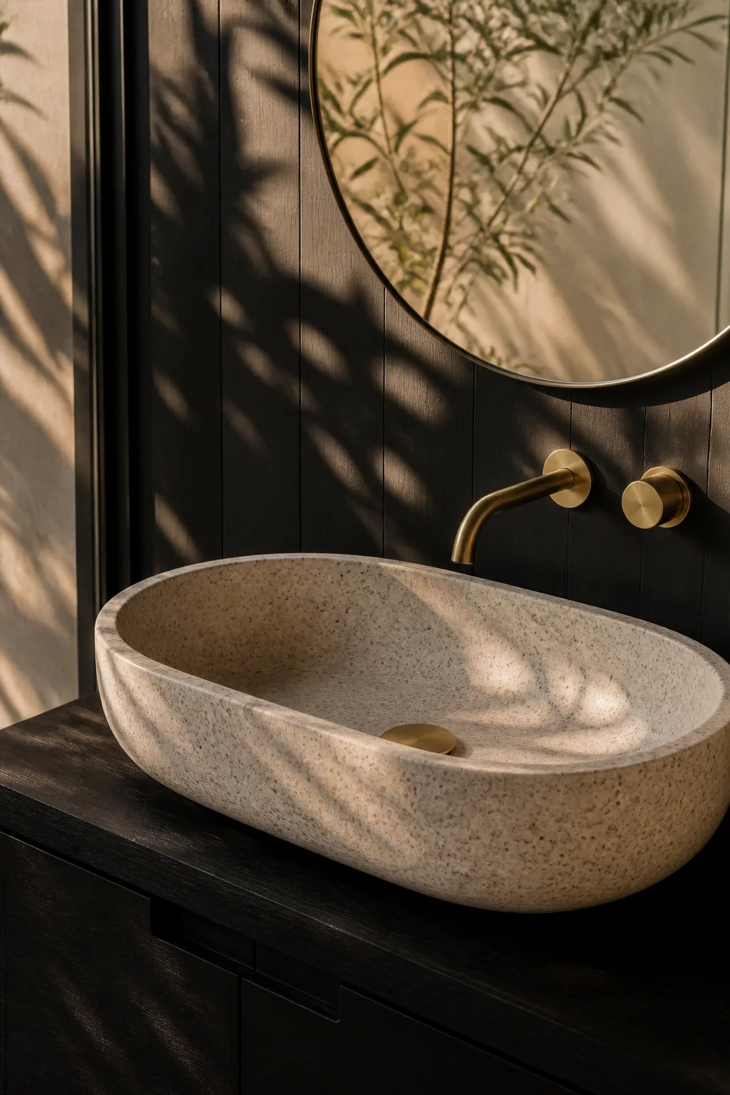 A rounded terrazzo basin, black timber vanity, brass tap and olive reflection in the Palm Springs bathroom.