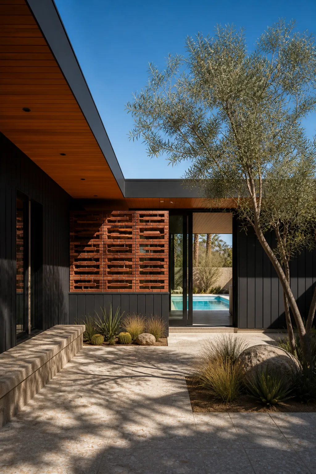 A shaded courtyard with black timber, red brick, an olive tree, terrazzo paving and a glimpse of blue pool water.