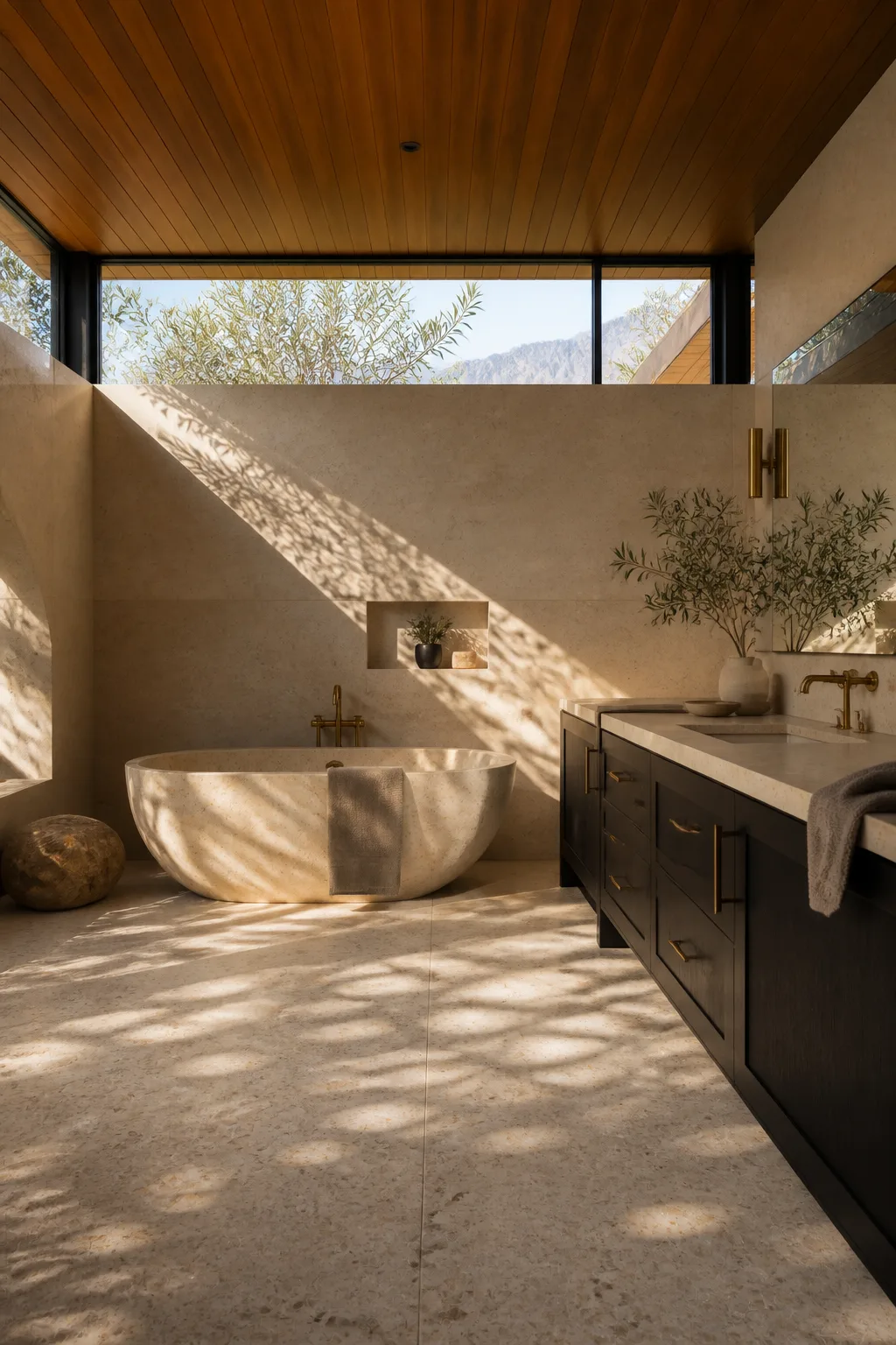 A travertine bath, pale terrazzo floor, black timber vanity and olive leaf shadows in the Palm Springs bathroom.
