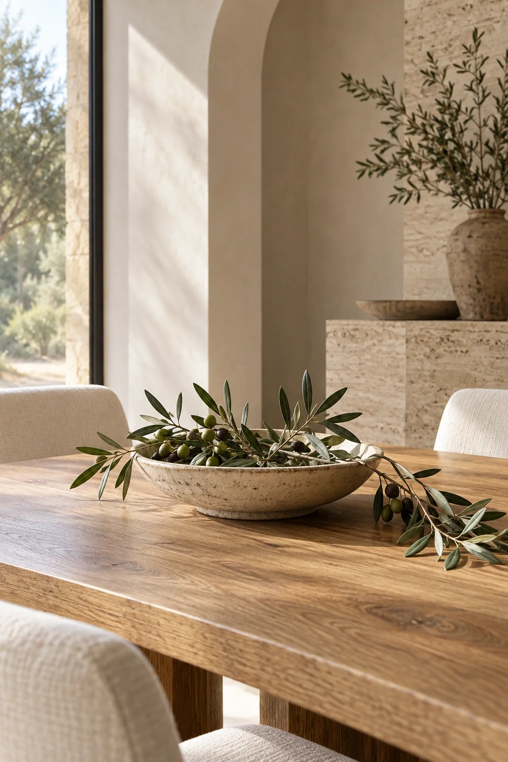 Low ceramic bowl with olive branches on oak table.