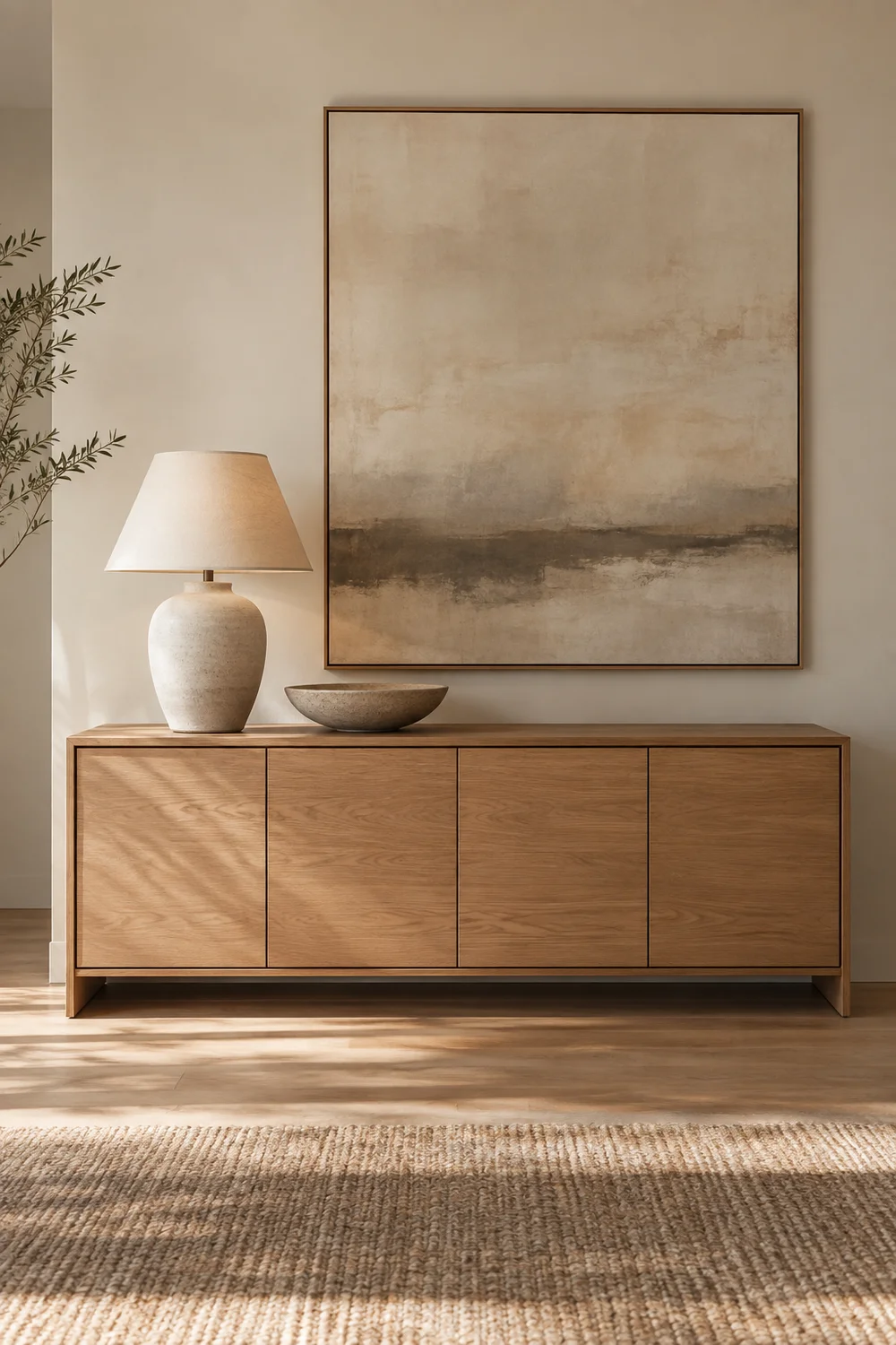 Oak sideboard with tonal art lamp and stone bowl.