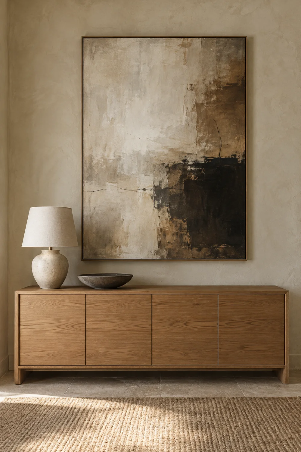 Large tonal art scaled above oak sideboard.