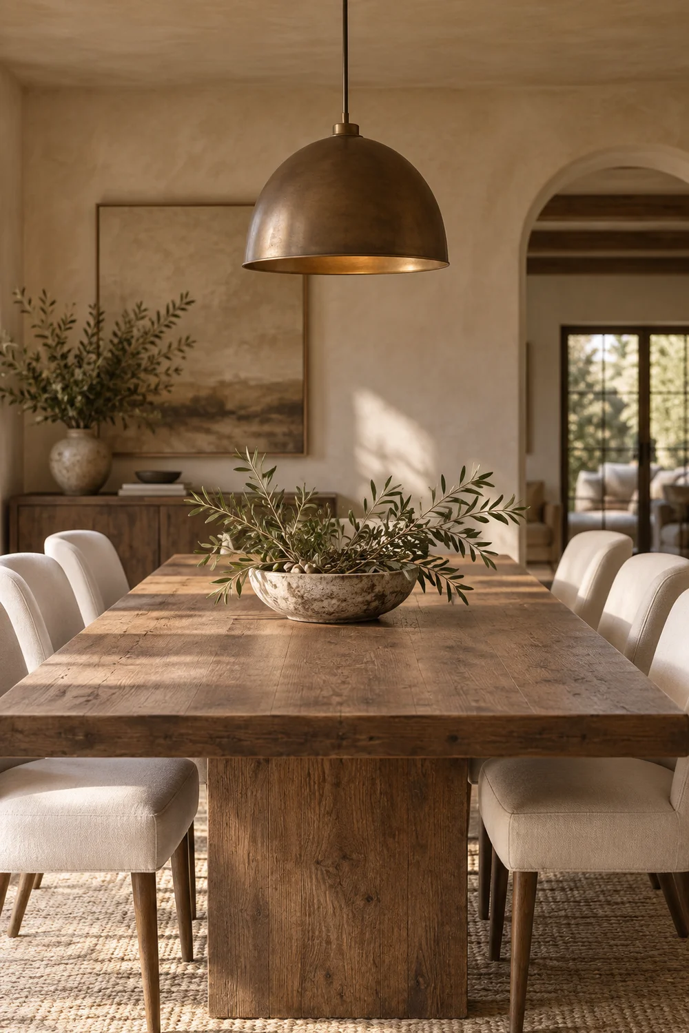 Low olive branch centrepiece preserving sightlines.