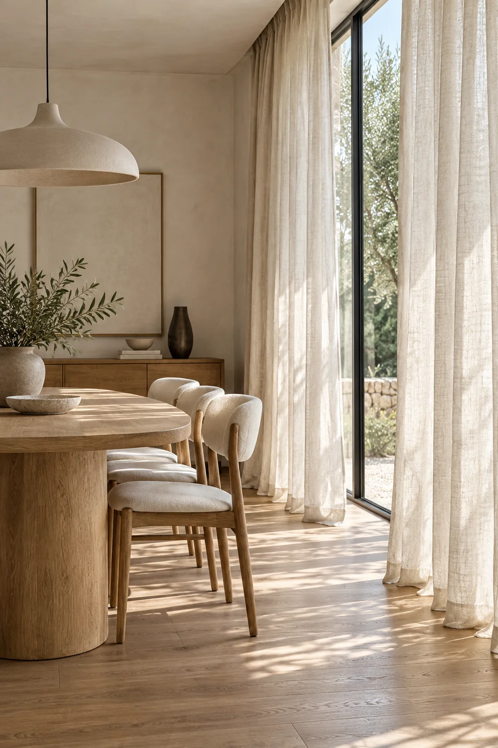 Linen curtains filtering dining room daylight.
