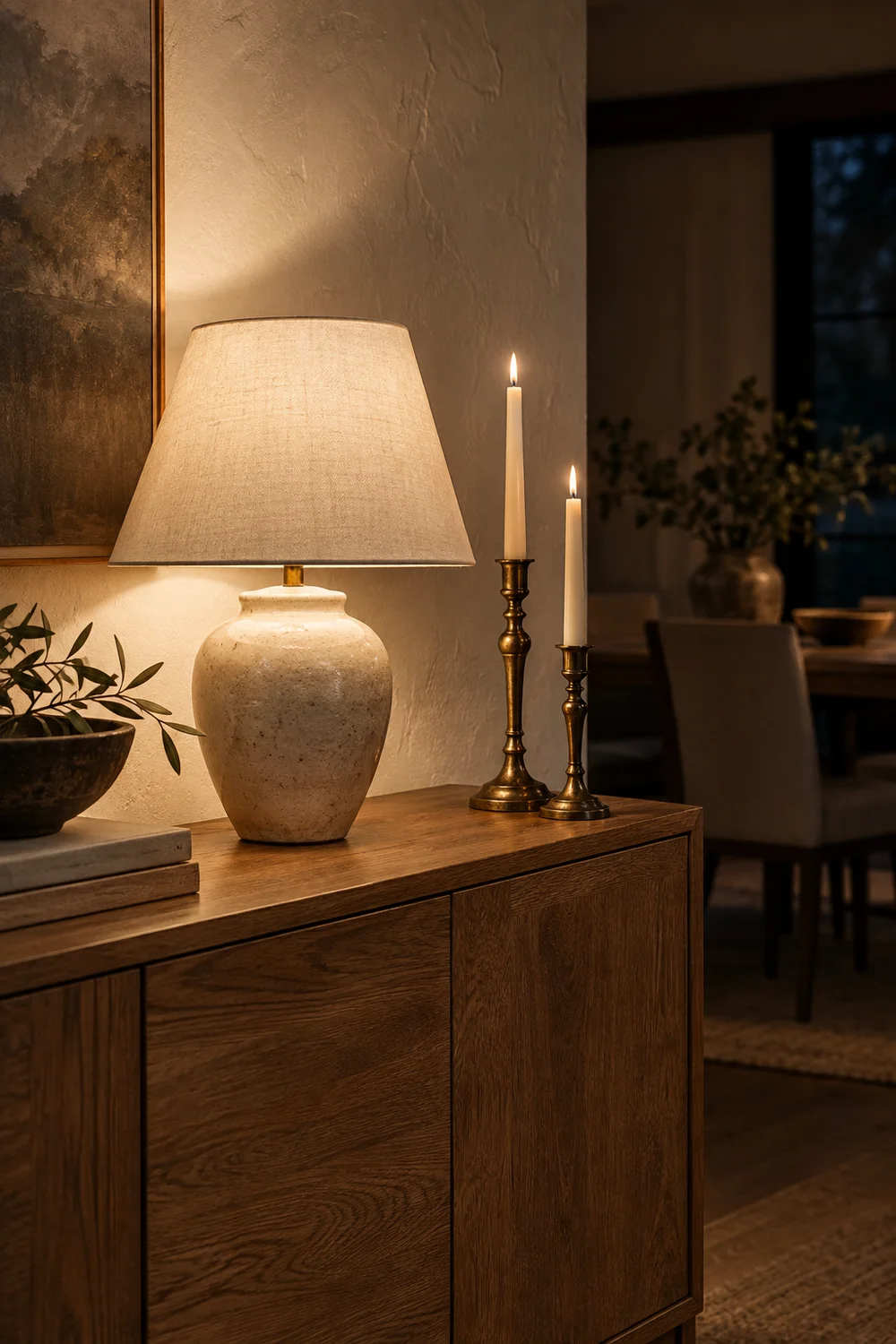 Ceramic lamp and aged bronze candlesticks at night.