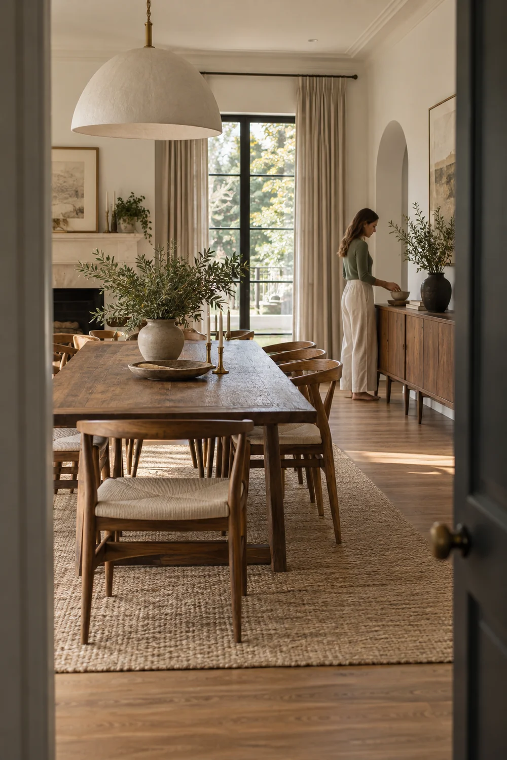 Woman placing ceramic bowl on distant oak sideboard.