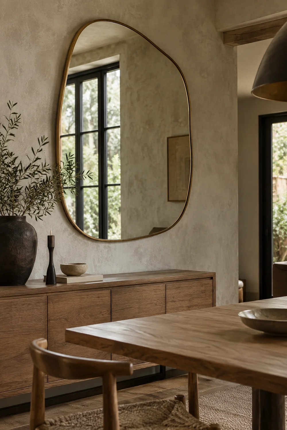 Bronze edged mirror reflecting black framed window.
